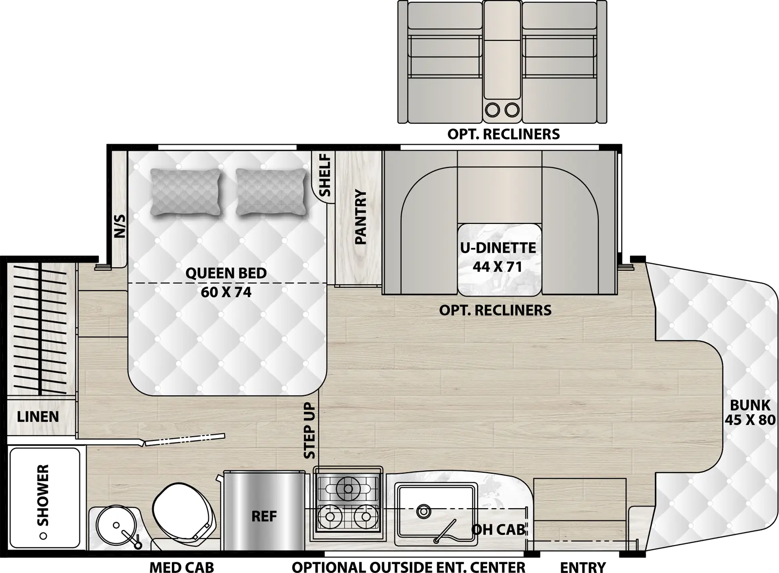 The Prism 24FSS has 1 slideout located on the off-door side and 1 entry door. Interior layout from front to back; front 45 inch by 80 inch bunk; door side kitchen with stovetop with microwave, overhead cabinets, single sink, and refrigerator; off-door  44 inch by 71 inch U-dinette, next to slide out entertainment center and pantry; step up; rear off-door side 60 inch by 74 inch foot facing full bed with night stand and shelf; rear door side bathroom with shower, sink, toilet, medicine cabinet and linen. Optional Exterior door side entertainment center; optional recliners in place of dinette.
